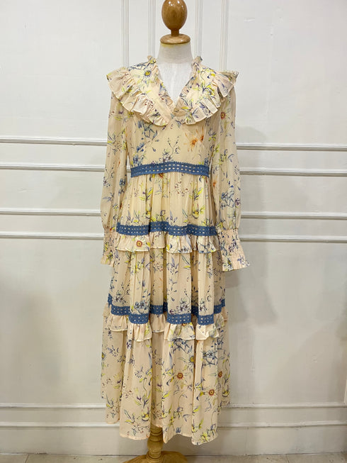 Ladies Vintage Frill Layered V-Neck Long Sleeves Sundress